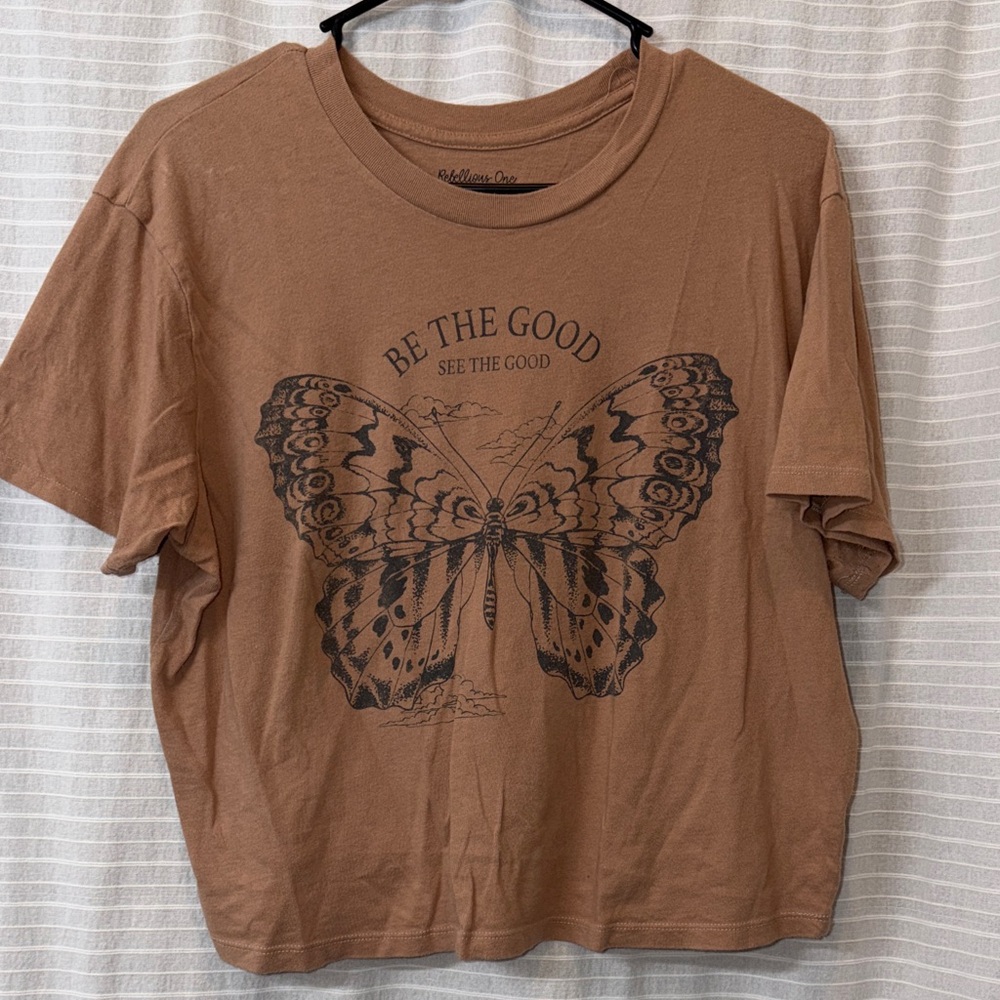 Brown Graphic Cropped T-Shirt with Butterfly Design